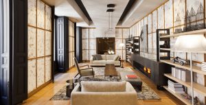 Diego Rodríguez, salón con chimenea, “Fondos y texturas”
