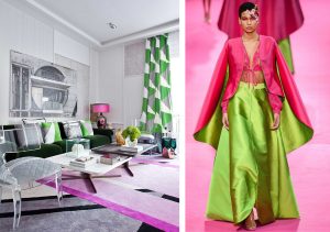 Salón en tonos verdes y rosas