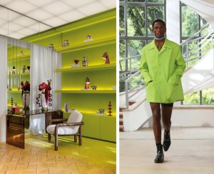 Espacio The Masie de Sigfrido Serra en Casa Decor 2025 con paredes verde lima y diseño contemporáneo junto a modelo de Gucci en pasarela con abrigo verde ácido