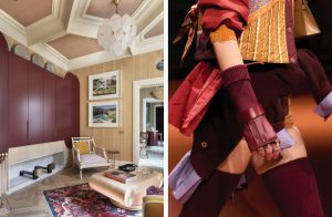 Espacio Schmidt diseñado por Jean Porche en Casa Decor 2025 con interiorismo elegante y techos geométricos, combinado con look de pasarela Hermès en tonos burdeos y dorados de estética futurista