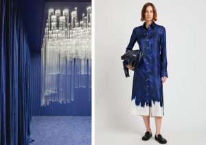 Espacio CEU San Pablo por Equipo CEU en Casa Decor 2025 con ambiente azul intenso y luminaria contemporánea, combinado con vestido azul degradado de Proenza Schouler