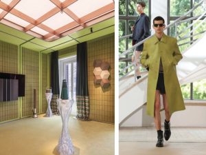 Propuesta de interiorismo Bang & Olufsen por Jose Lara en Casa Decor 2025 en tonos verde lima combinada con look de pasarela Gucci en abrigo verde oliva