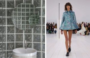 Espacio Geberit diseñado por Zooco en Casa Decor 2025 con paredes de bloques de vidrio y diseño envolvente en azul eléctrico, junto a look futurista en tonos azules de Loewe