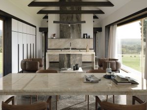 Cocina contemporánea con encimera de porcelánico Taj Mahal de Sapienstone, diseño cálido y natural para interiores 2025.