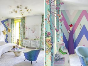 Detalles decorativos del vestidor de Miriam Alía en Casa Decor 2016 con paredes geométricas y colores pastel.
