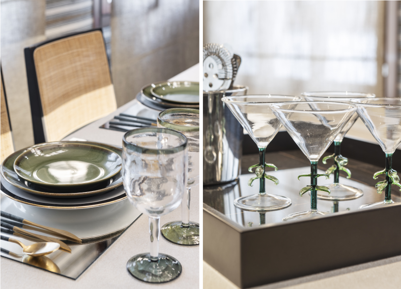 Copas Palms de vidrio borosilicato y vajilla de El Corte Inglés Home en el Espacio Edelmann Kitchen diseñado por Manuel Espejo Estudio