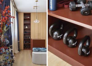 Vestidor del Espacio Sanrafael diseñado por Ana Guillem para Casa Decor 2026 con equipamiento fitness de Eleiko integrado en un ambiente elegante y sofisticado.